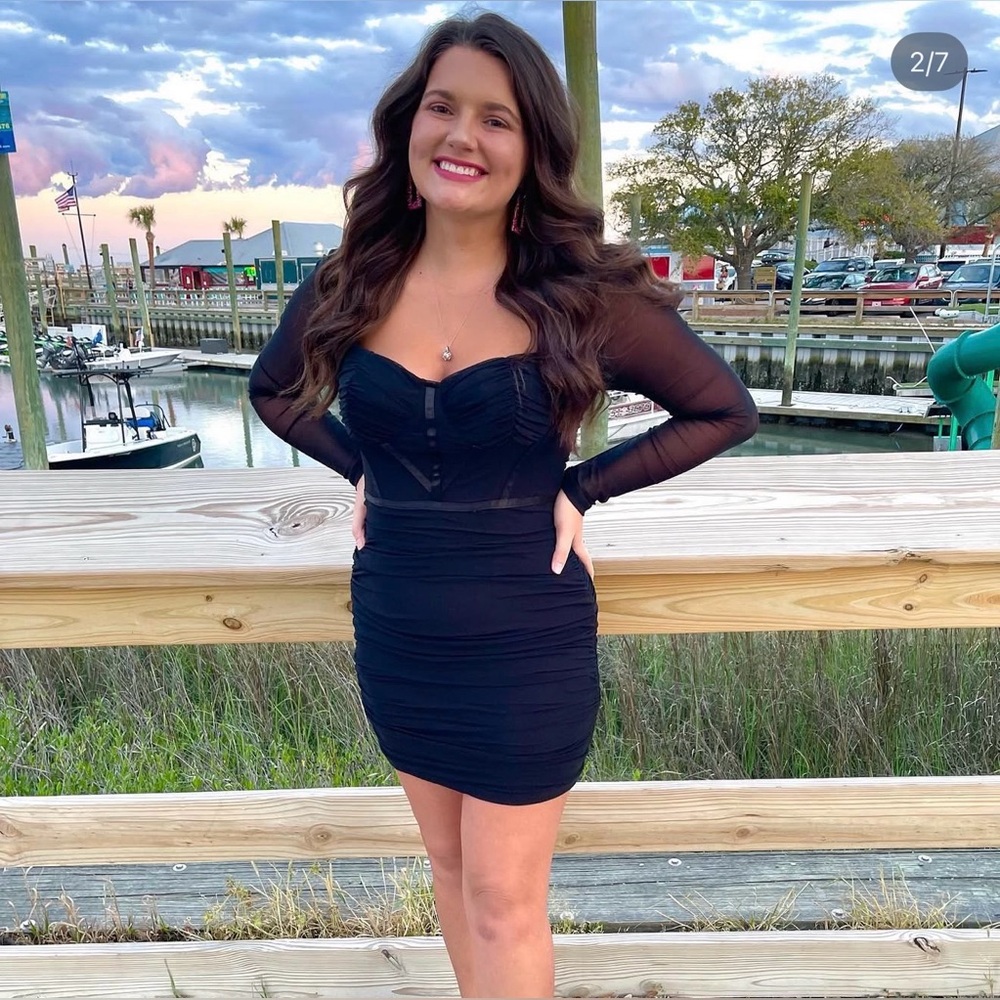 Elegant Black Sheer Sleeve BodyCon Formal Party Dress Large